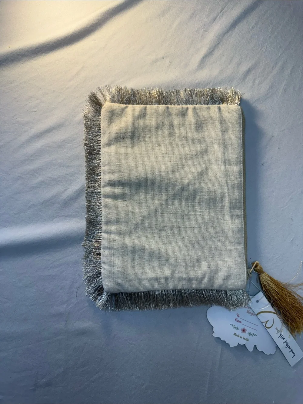Source Unknown Ivory and Gold Beaded Floral Cosmetic Pouch with Tassel